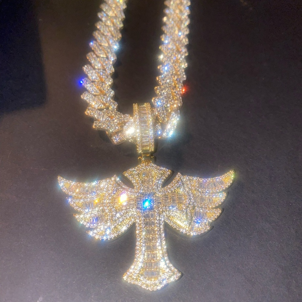 Gold Angel Pendant Necklace 20” ICED PAVE CUBAN !! NEW BOX